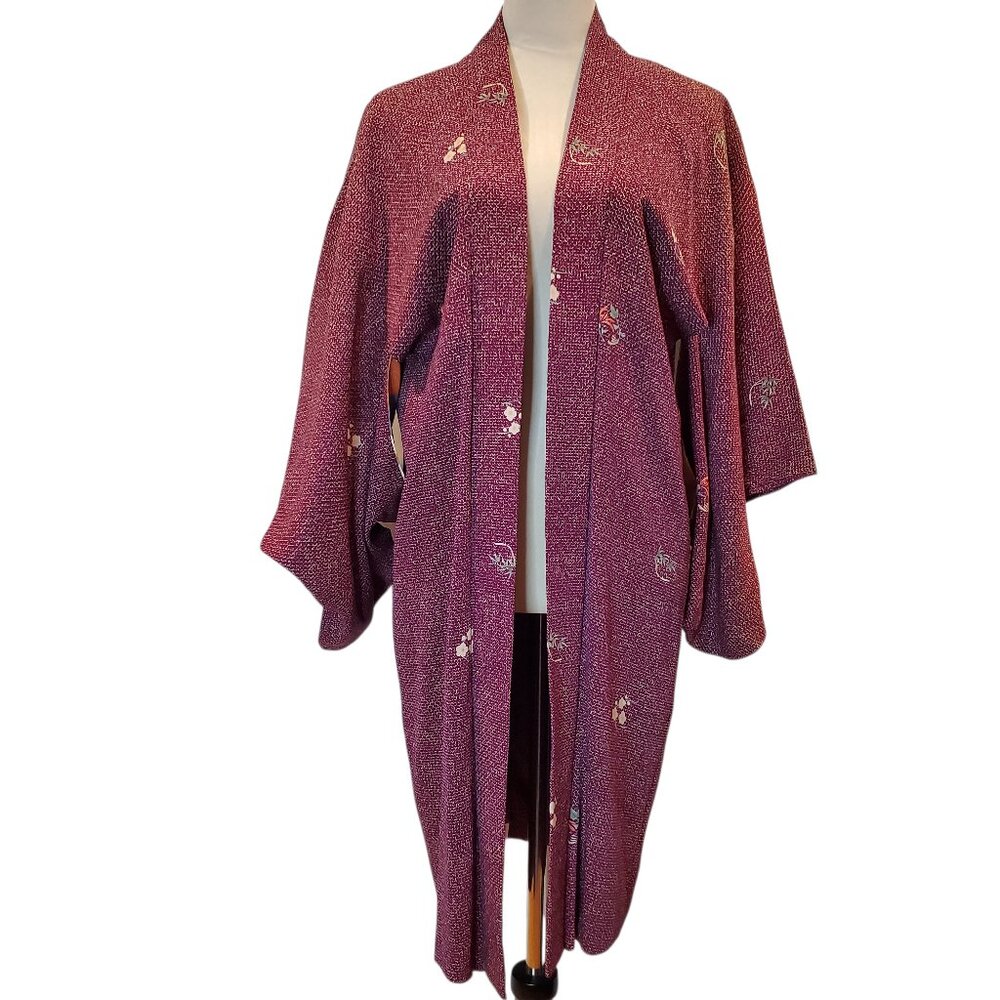 Vintage Japanese Haori Kimono Patterned & Floral Silk Jacket/Robe Maroon/Purple